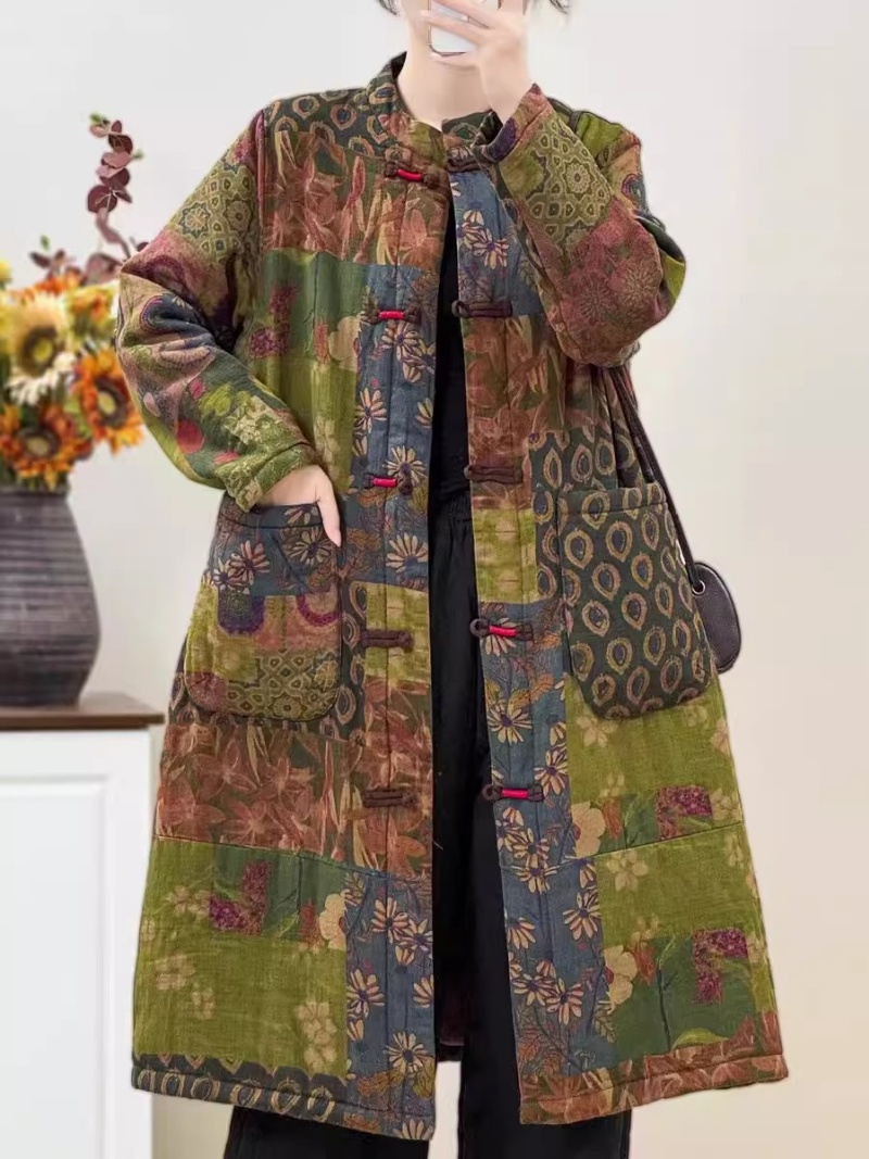 Winter Ethnic Fashion For Women - エスニックスタイルレトロ花柄プレートコットンジャケット女性用冬2025新作中国風ミドル丈パッド入りコートアウターW1193