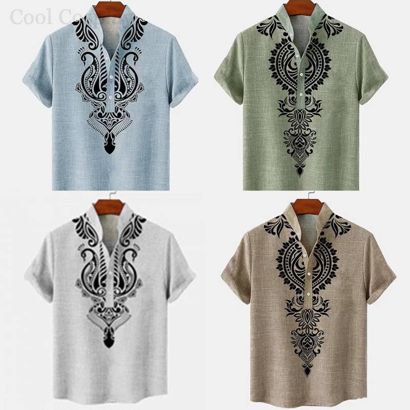 Ethnic Fashion For Men - 男性レトロトップスヘンリーシャツメンズ 3D 印刷エスニックスタイルシャツファッションボタンダウン襟半袖高品質