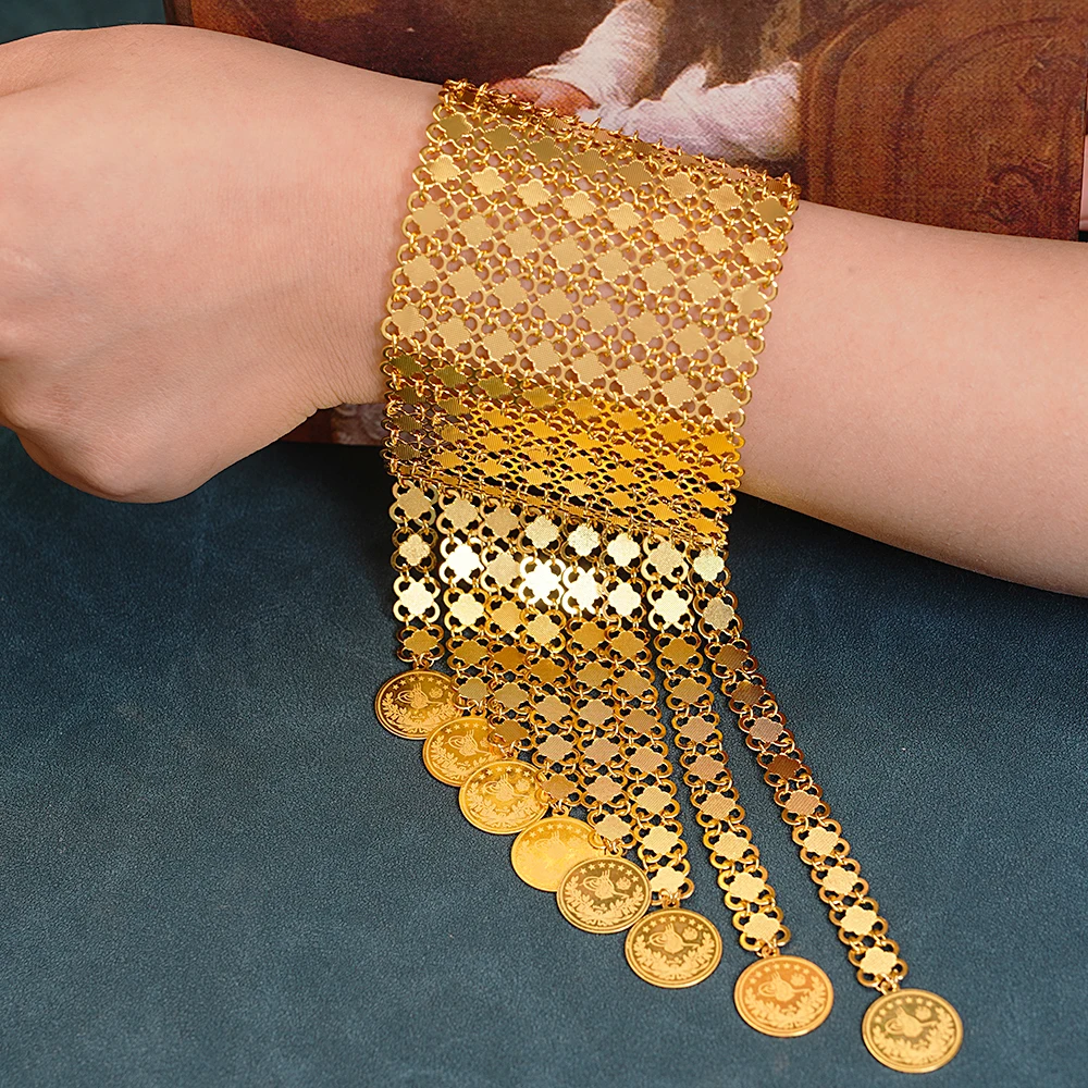 Ethnic Luxe Fashion - 新しいコインタッセルゴールドメッキジュエリーブレスレットトルコアラビア Birdal カフブレスレットエスニック女性ギフトビジューデラックスファム