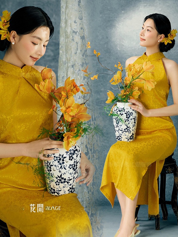 Ethnic Fashion Shoot - 黄色の写真撮影用衣装中国風スタジオポートレートアート写真撮影伝統的な民族女性のファッション