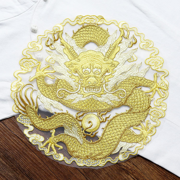 Ethnic Fashion For Men - 金糸龍の円形生地パッチ、漢服や民族衣装、服飾品用