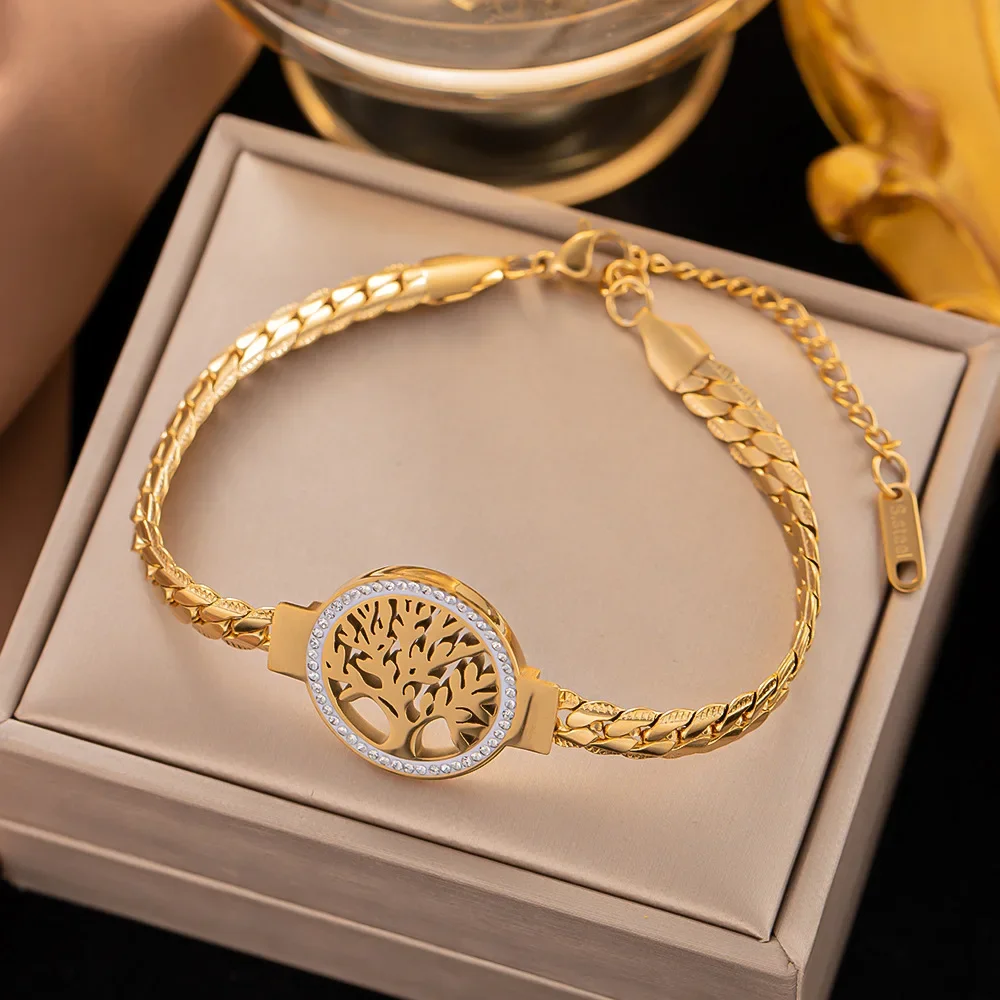 Ethnic Fashion World - 女性のためのステンレス鋼の木のブレスレット,高級ジュエリー,象眼細工のジルコニア,金メッキ,魅力的なアクセサリー
