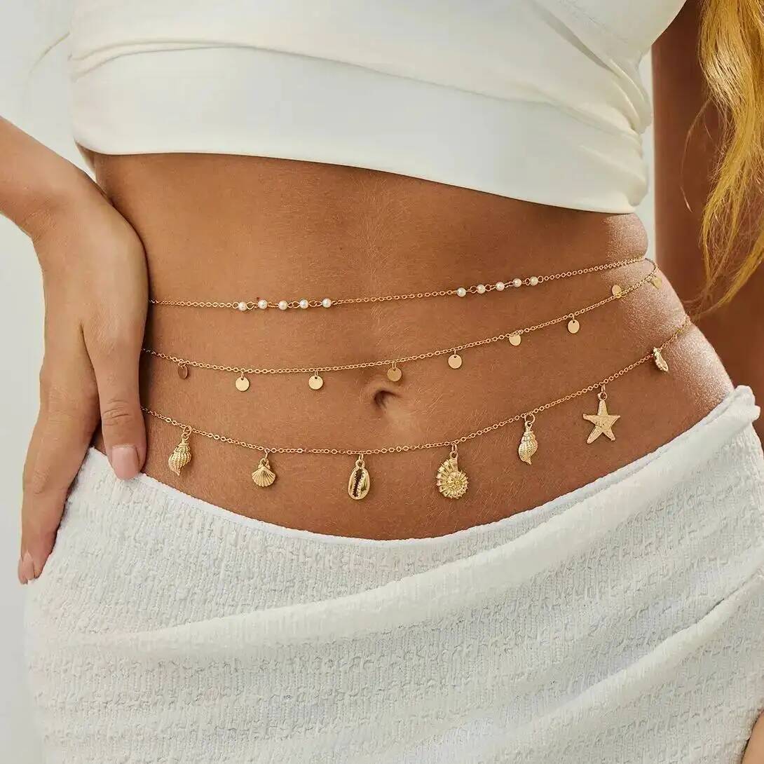 Ethnic Fashion Jewellery - IngeSight.Z 3 ピース/セット自由奔放に生きるヒトデ巻貝ペンダントウエストベリーチェーン女性の夏のビーチセクシーなビキニベルトボディジュエリーアクセサリー