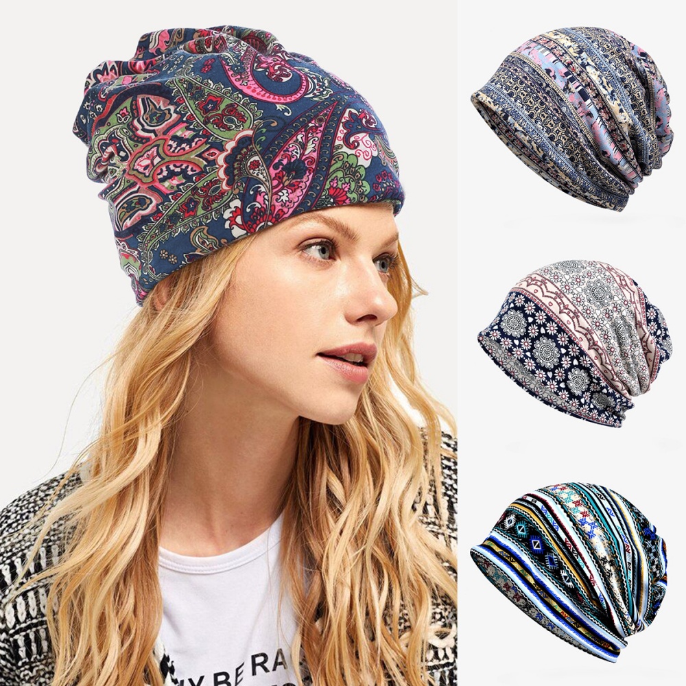 Winter Ethnic Fashion For Women - 女性用スカーフデュアルパーパスフードビーニーハットファッションヴィンテージプリントエスニックスタイルコットンカジュアルボヘミアンフードパイルスカリーキャップ