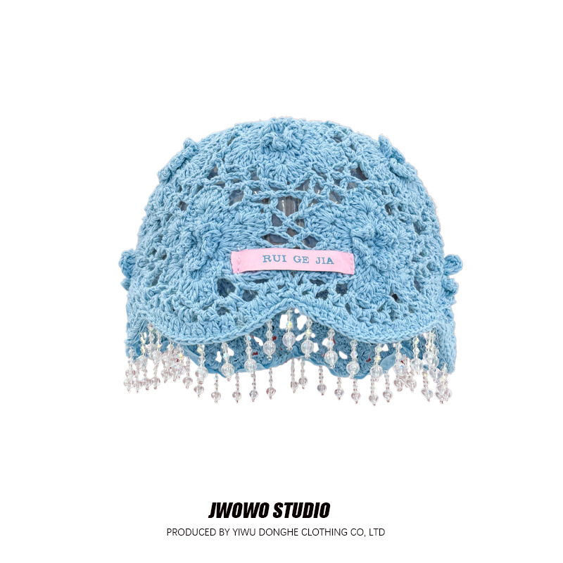 Winter Ethnic Fashion For Women - ボヘミアンスタイルビーズタッセルキャップ女性のための夏中空薄型手編みプルオーバーキャップファッションかぎ針編みフラワーエスニック帽子