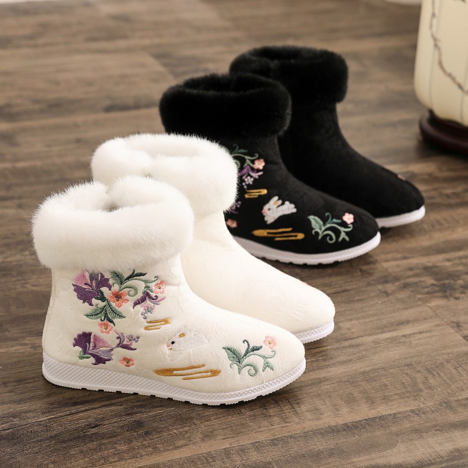 Winter Ethnic Fashion For Women - ファッション冬のブーツの女性の靴エスニックスタイル刺繍ショートブーツ女性暖かい雪の靴女性古代ダンスフラットブーツ