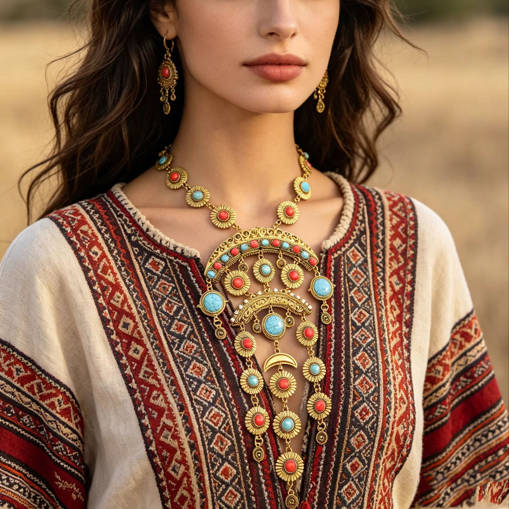 Ethnic Fashion Shoot - ヴィンテージ中国エスニックスタイルネックレス多層精巧なターコイズ模造タッセルジュエリー旅行撮影用