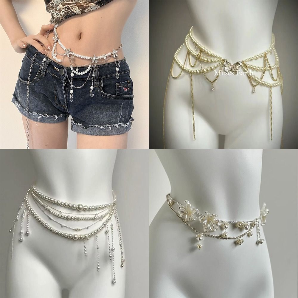 Ethnic Fashion Jewellery - ファッションエレガントなパールウエストチェーンウエストアクセサリー多用途フローラルベリーチェーンボヘミアンヒップチェーン女性用