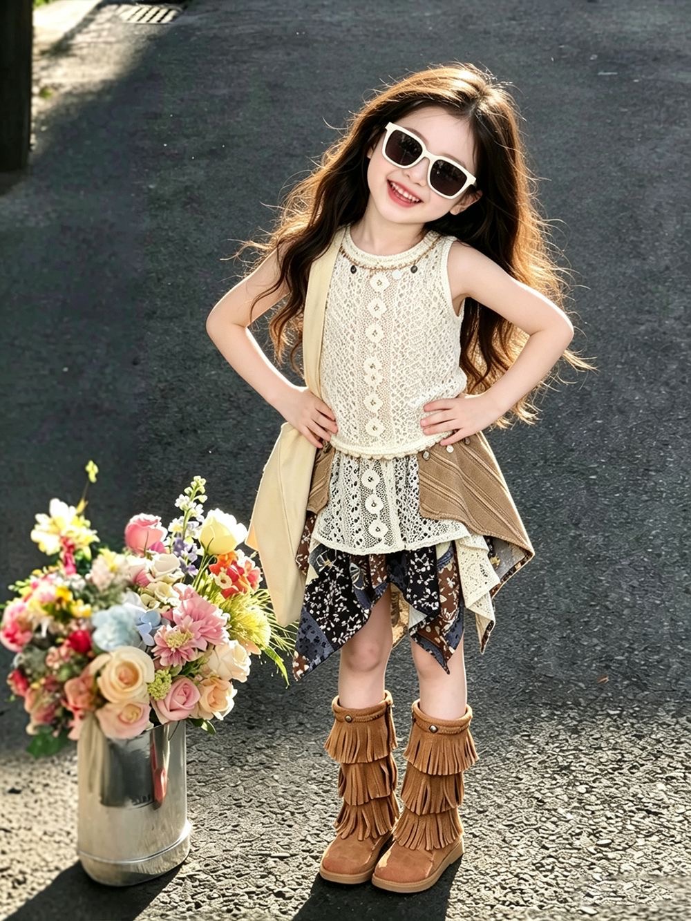 Kids Ethnic Fashion - 女の子の夏服2026新作エスニック風トレンドキッズベストトップベビーガールスプライススカートおしゃれなツーピースセットレーストリムスリーブ