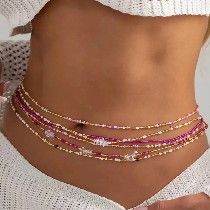 Ethnic Fashion Jewellery - SHIXIN 6個セット ボヘミアン カラフル ライスビーズ ウエストチェーン