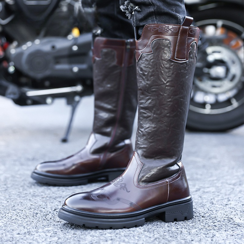 メンズミッドカーフブーツ高品質パテントレザーカジュアルロング - Ethnic Fashion For Men のレビューと価格